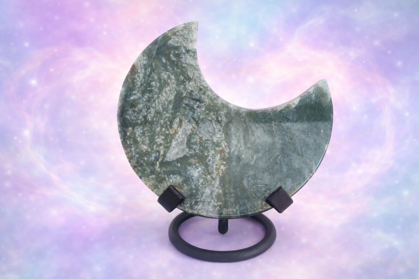 Moss Agate Moon with black stand