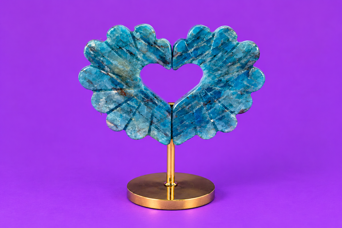 Blue Apatite Heart on stand