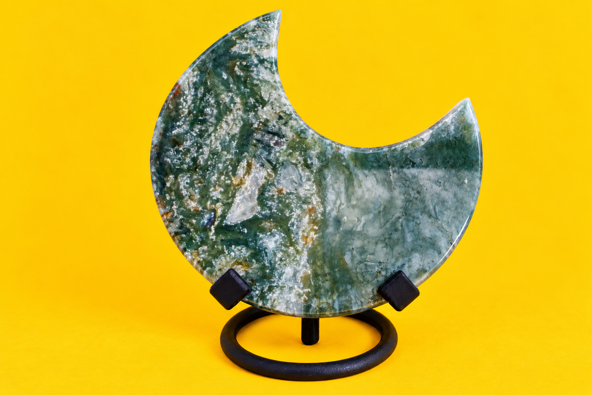 Moss Agate Moon with black stand